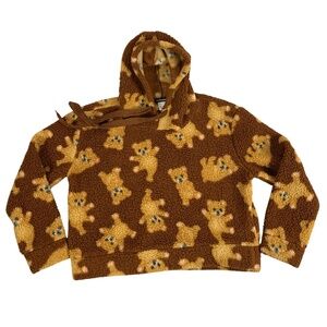 Weekending Teddy Bear Fleece Pullover Sweater Women's M Cozy Hooded Cropped